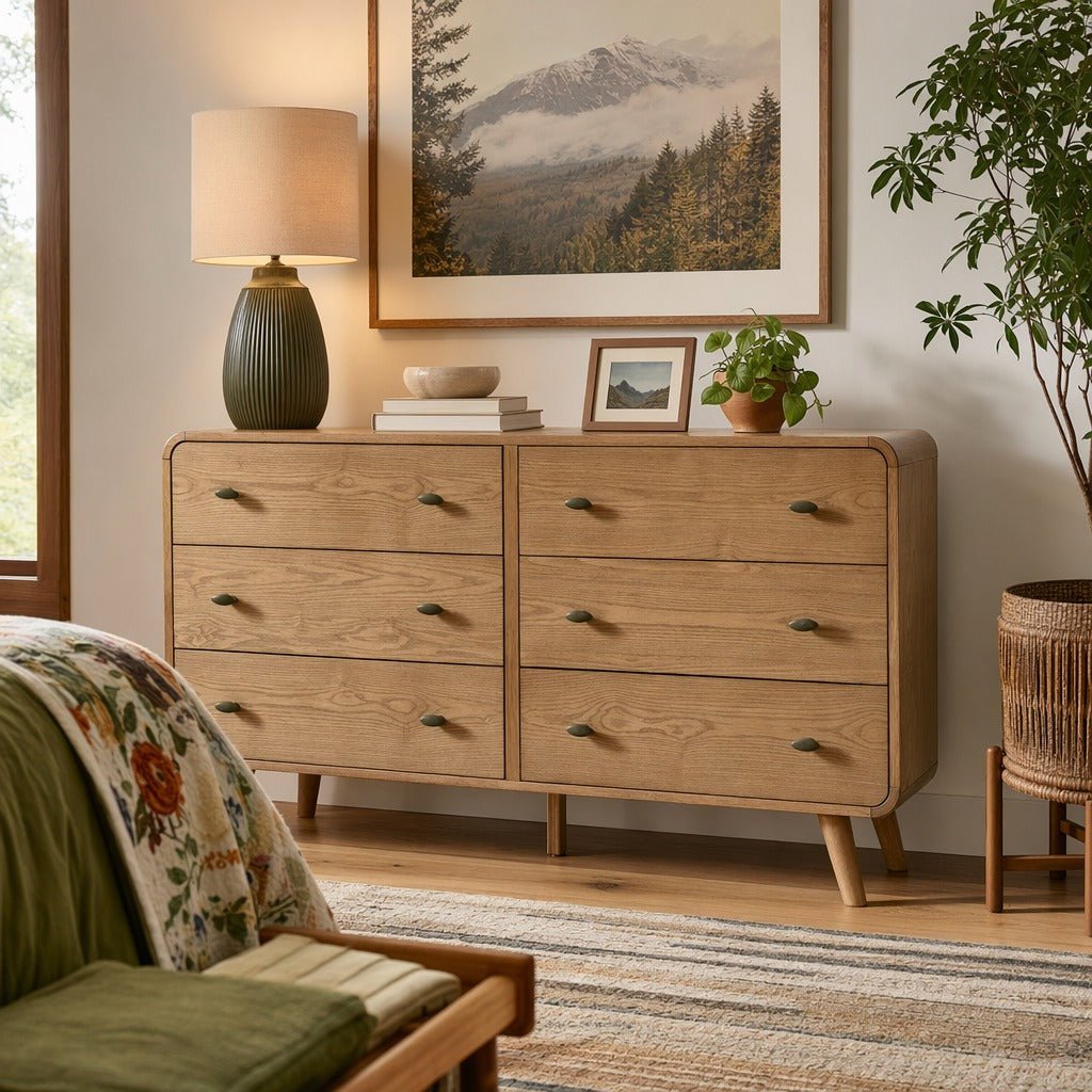 Robyn 6-Drawer Dresser in Natural styled in a bright Portland mid-century modern bedroom - Whats New Furniture