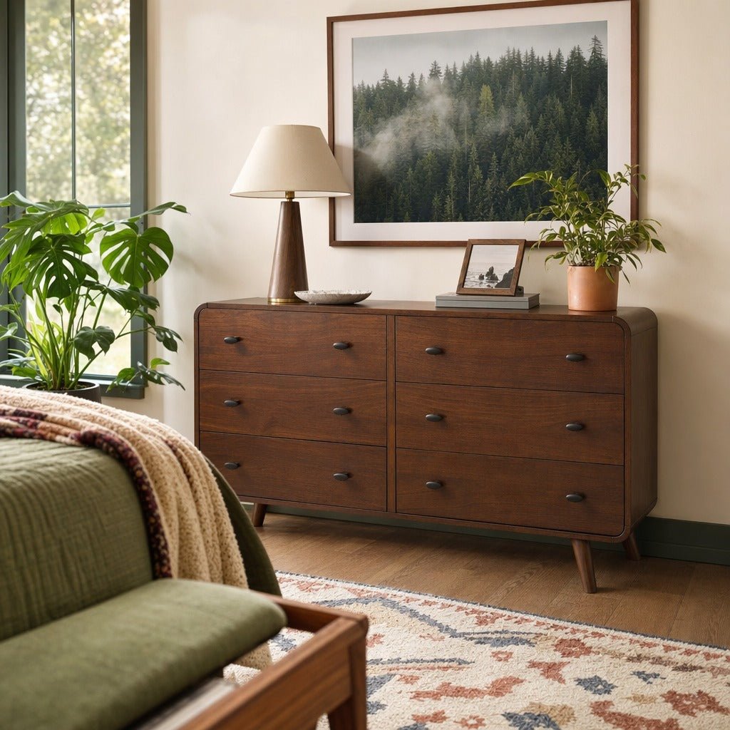 Robyn 6-Drawer Dresser in Walnut styled in a bright Portland mid-century modern bedroom - Whats New Furniture