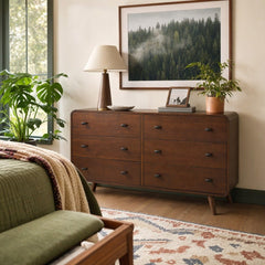 Robyn 6-Drawer Dresser in Walnut styled in a bright Portland mid-century modern bedroom - Whats New Furniture