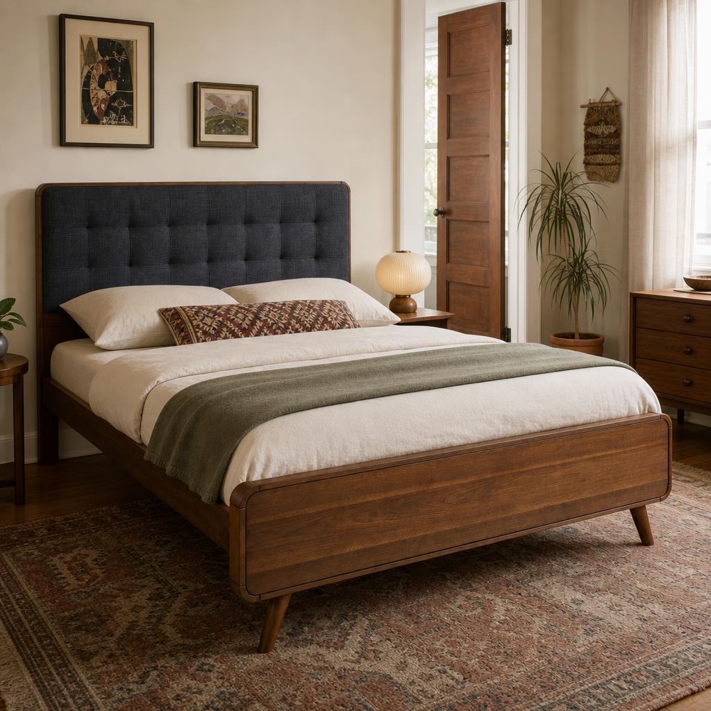 Robyn Bed in Dark Walnut, bed with charcoal tufted headboard in a Portland bedroom - Whats New Furniture