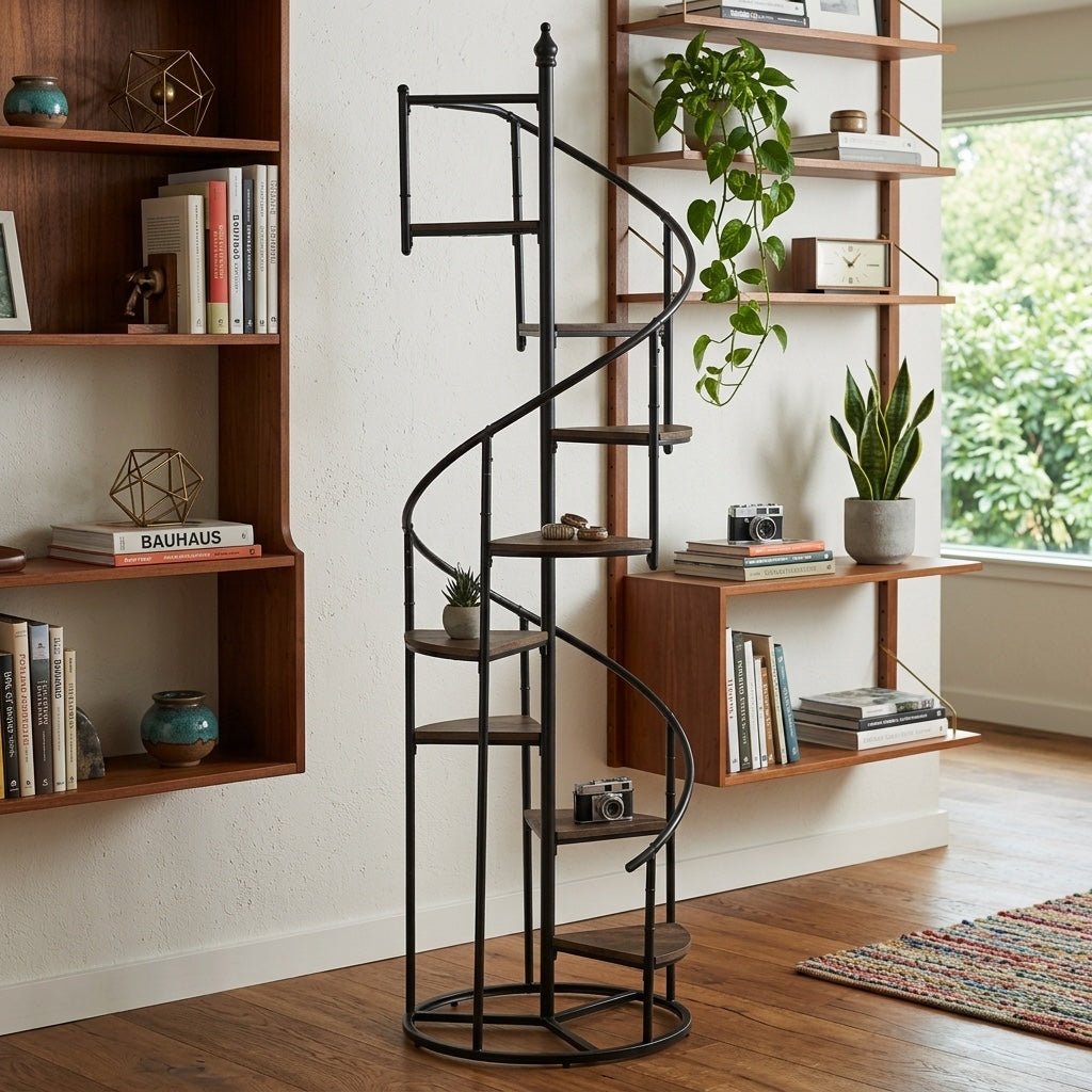 Roseglen Staircase Bookshelf styled in a bright Portland mid-century modern interior - Whats New Furniture
