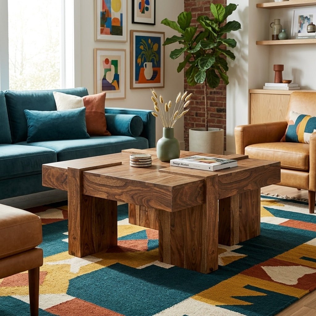 Samira Square Solid Wood Coffee Table styled in a bright Portland mid-century modern living room - Whats New Furniture