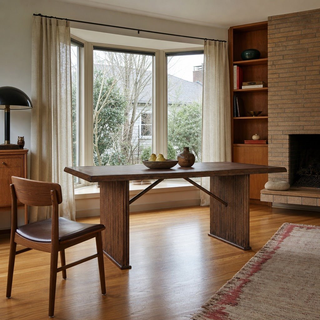 Sherwood 72 Inch Rectangular Dining Table Brown styled in Portland Mt. Tabor mid-century daylight ranch living room - What&