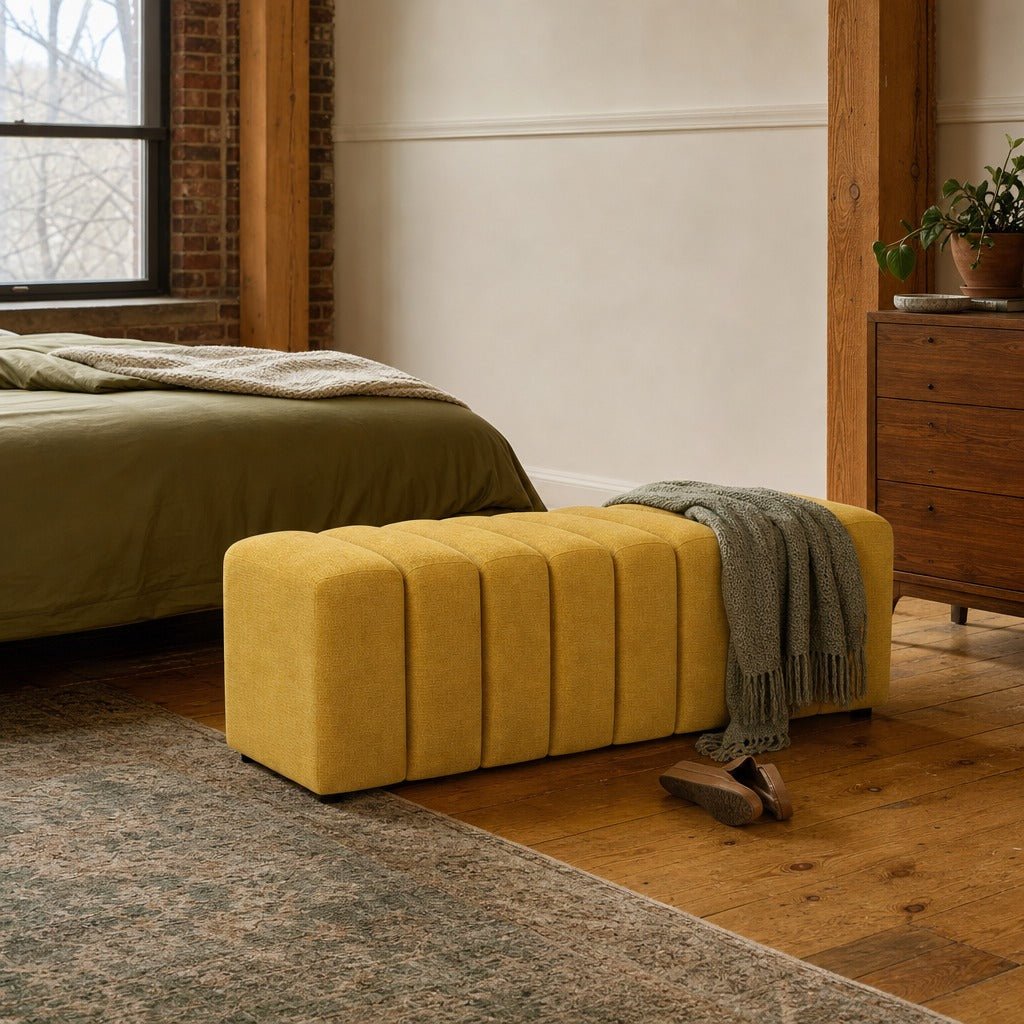 Summer Fabric Upholstered Tufted Accent Bench Mustard Yellow styled in Portland converted warehouse flat with warm exposed brick and fir timber beams (no steel, no concrete) living room - What&