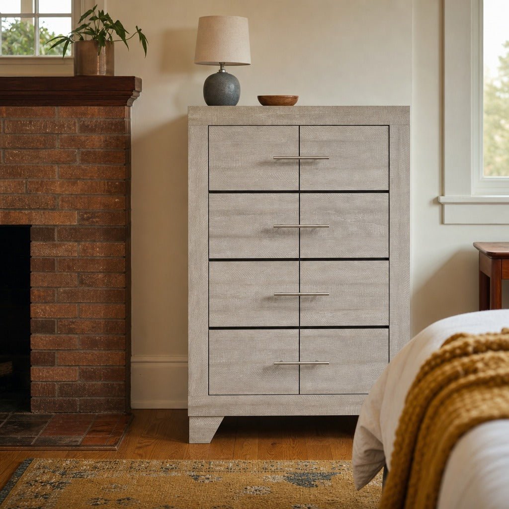 Trenton 4 Drawer Bedroom Chest Of Drawers Rustic Cream styled in Portland St. Johns bungalow living room - What&