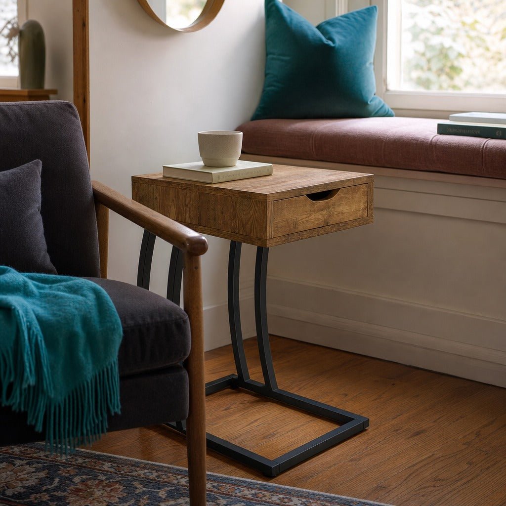 Troy 1 Drawer C Shaped Side Table Power Outlet Rustic Nutmeg styled in Portland AlbertArts foursquare living room - What&