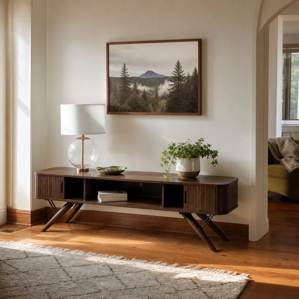 Valna Wood 71 Inch Tv Stand With Sliding Doors Walnut styled in Portland Sellwood cottage living room - What&