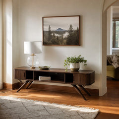 Valna Wood 71 Inch Tv Stand With Sliding Doors Walnut styled in Portland Sellwood cottage living room - What&