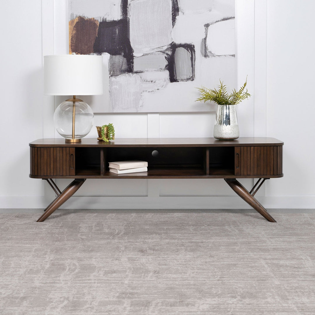 Valna Wood 71-inch TV Stand with Sliding Doors Walnut - What's New Furniture Portland