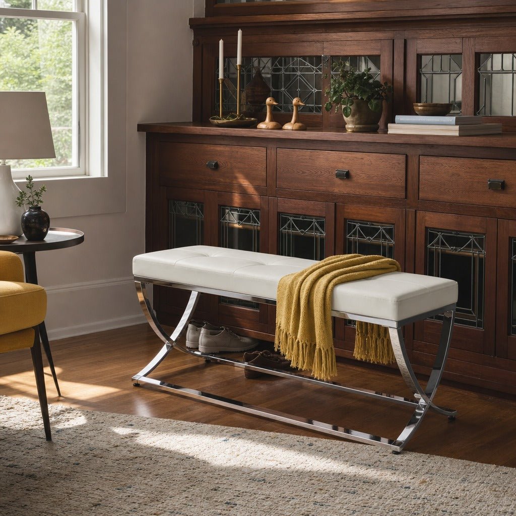 Walton Leatherette Upholstered Tufted Accent Bench White styled in Portland St. Johns bungalow living room - What&