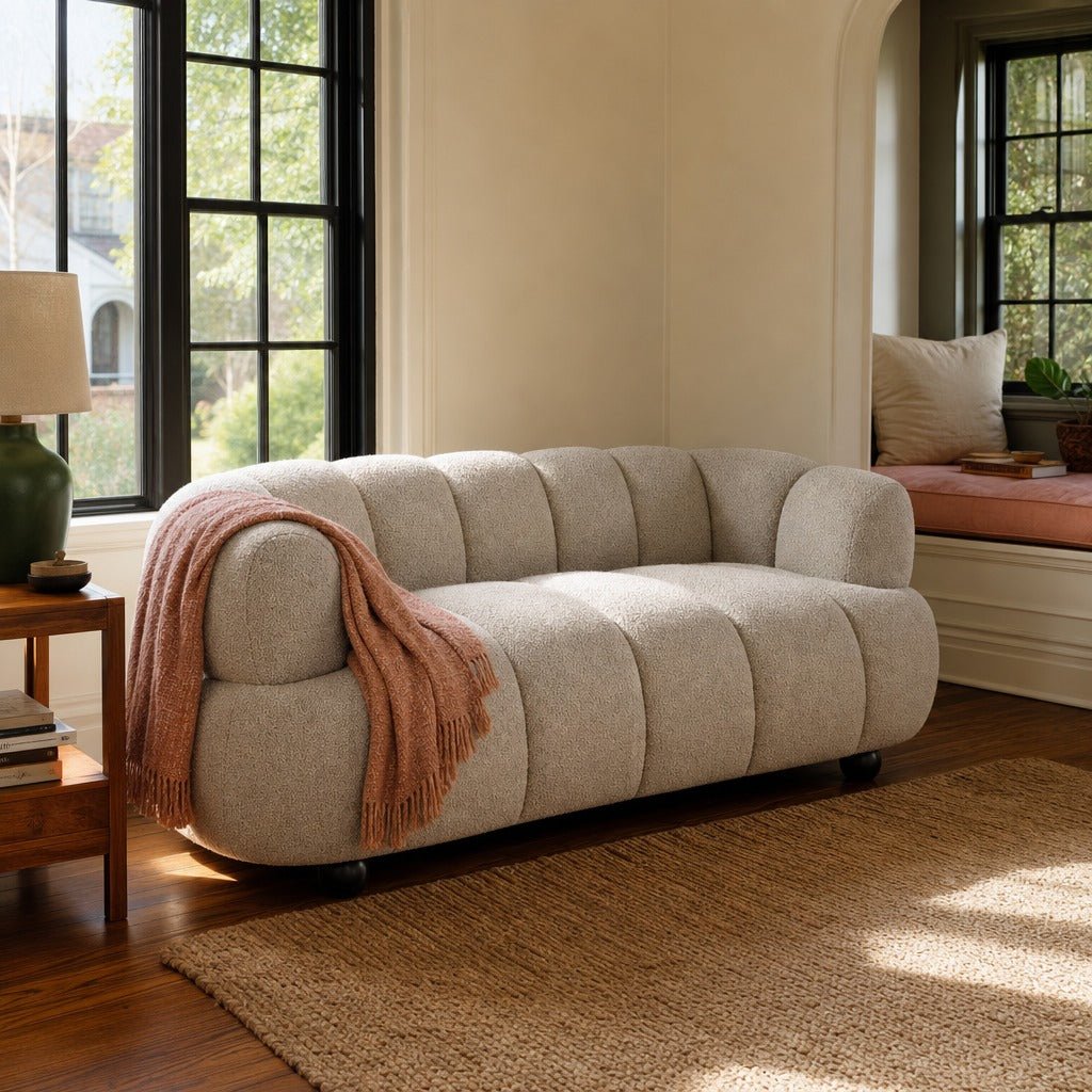 Whitney Contemporary Channel Tufted Woven Fabric Upholstered Loveseat styled in Portland Laurelhurst Tudor cottage living room - What&