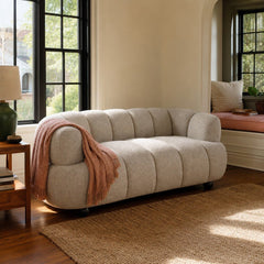 Whitney Contemporary Channel Tufted Woven Fabric Upholstered Loveseat styled in Portland Laurelhurst Tudor cottage living room - What&