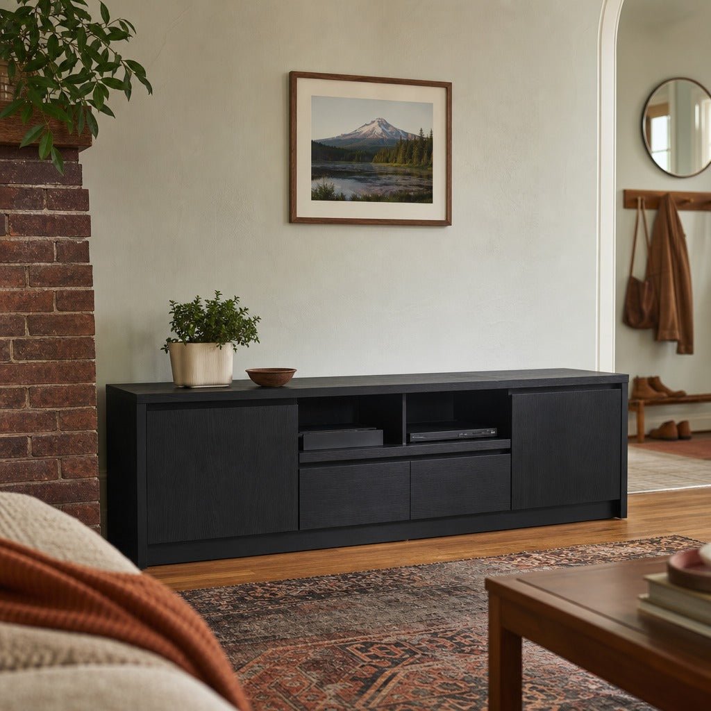 Winfield 78 Inch 2 Door Tv Stand Media Console Black styled in Portland Montavilla cottage living room - What&