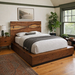 Winslow Storage Bed in smokey walnut styled in a Portland bedroom - Whats New Furniture