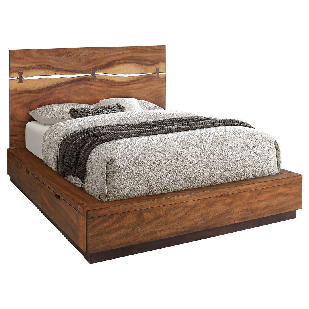 Winslow Storage Bed in smokey walnut, front three-quarter view - platform storage bed by Coaster - Whats New Furniture Portland OR