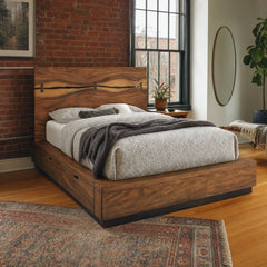 Winslow Storage Bed in smokey walnut styled in a Portland loft bedroom - Whats New Furniture