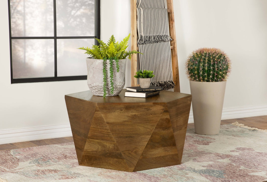 Zalika Hexagonal Solid Mango Wood Coffee Table in natural mango wood, view 2