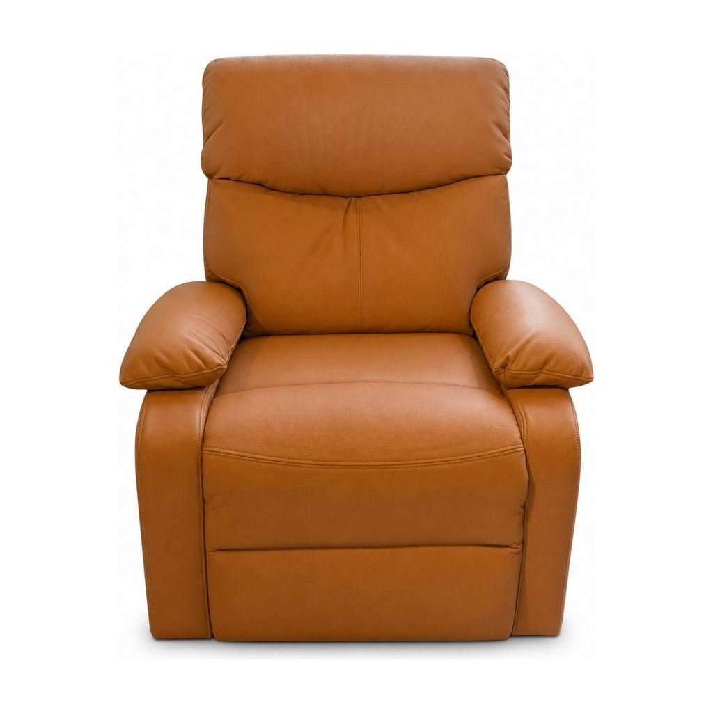Cognac leather recliner with compact arms and a manual recline mechanism.