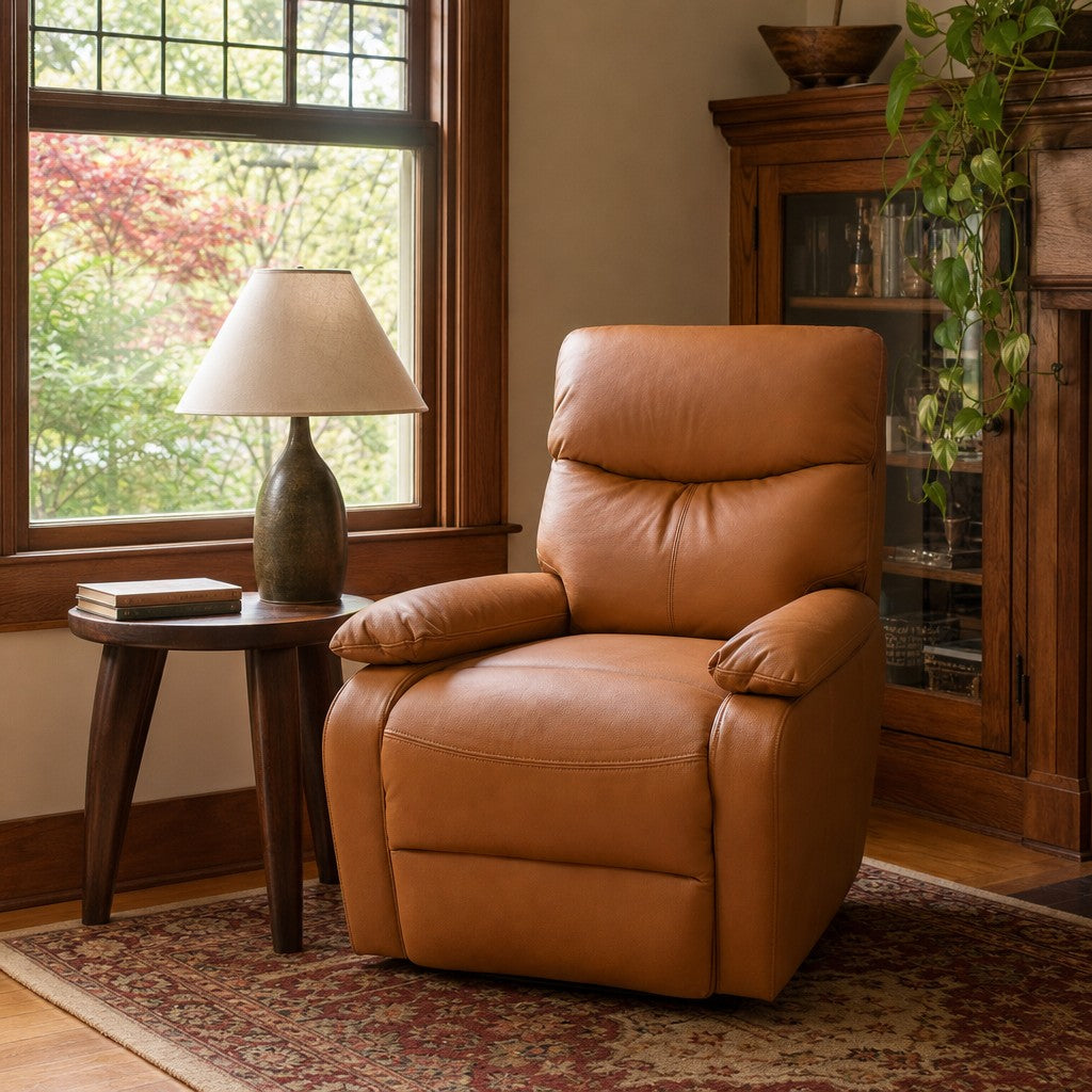 Cognac leather recliner with compact arms and a manual recline mechanism. - detail view 1