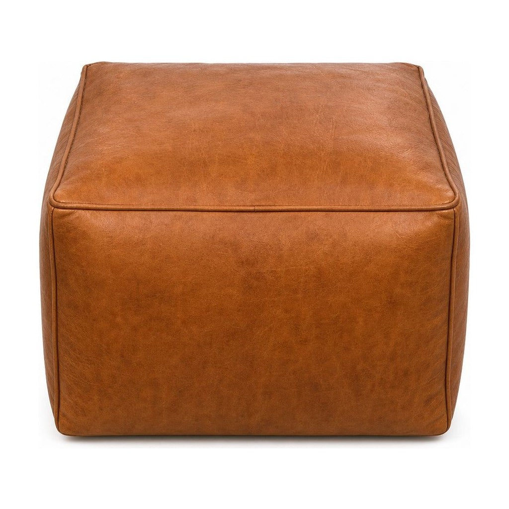 Cognac leather square pouf ottoman with taut cube silhouette and low 15-inch height
