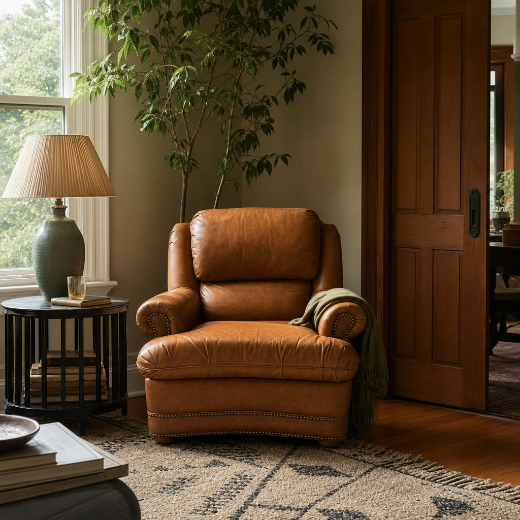 Cognac brown leather mid-century lounge armchair with a solid wood frame and low-slung lines - view 2