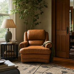 Cognac brown leather mid-century lounge armchair with a solid wood frame and low-slung lines - view 2