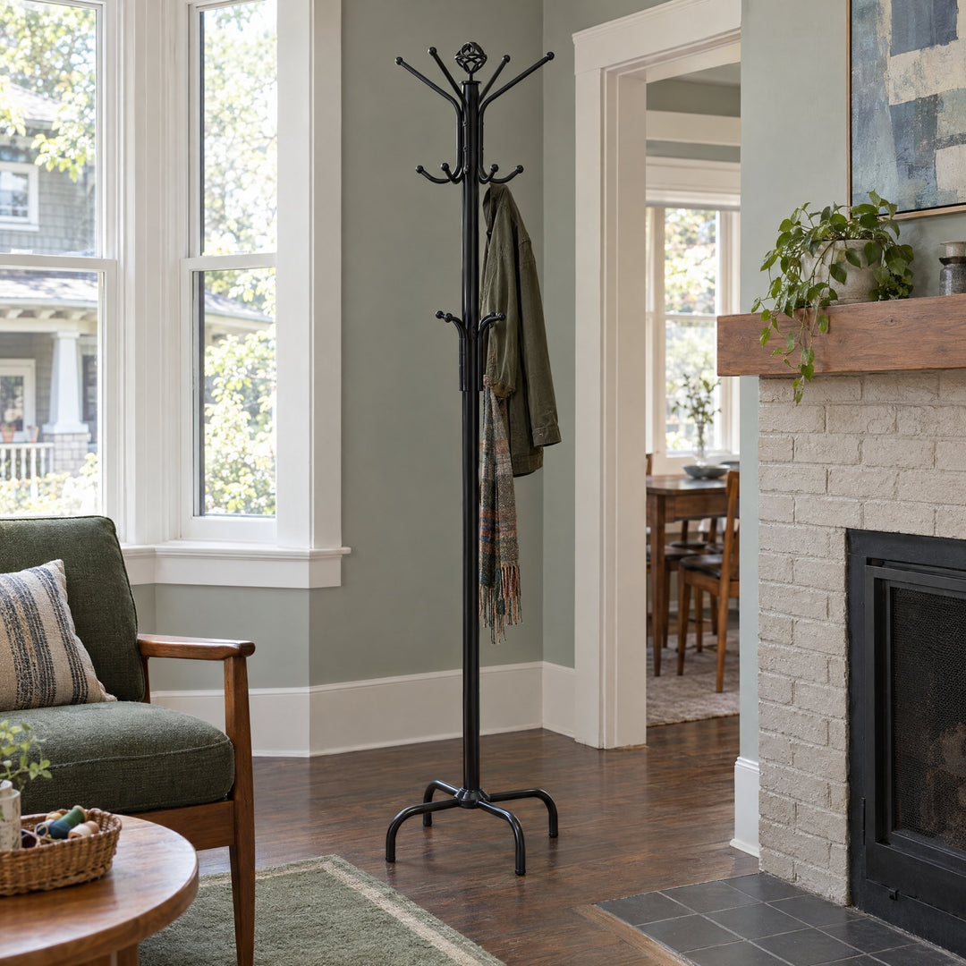 Collier 12 Hook Freestanding Coat Rack Hat Hanger Black in Black styled in a Portland home - Whats New Furniture