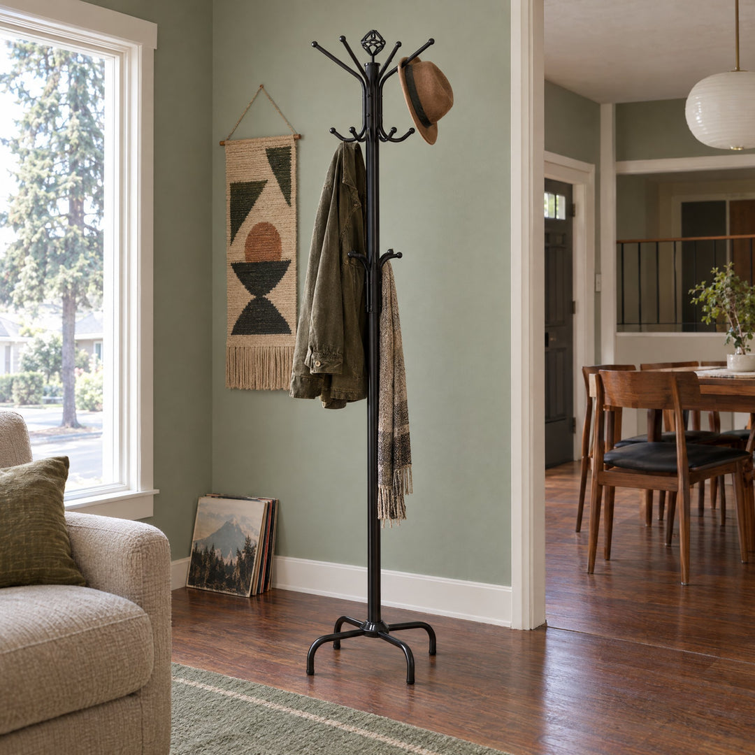 Collier 12 Hook Freestanding Coat Rack Hat Hanger Black styled in a Portland home - room view 2 - Whats New Furniture