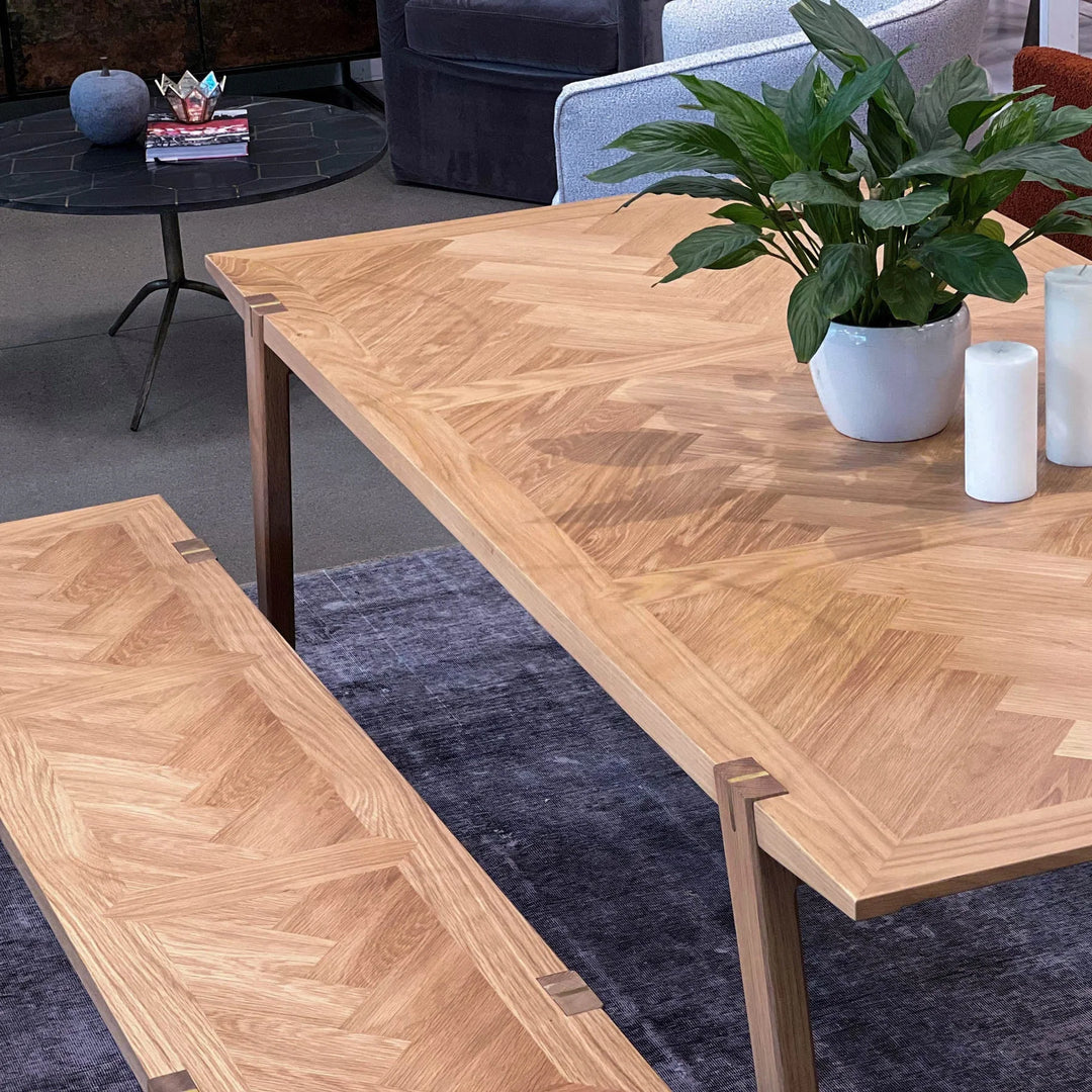 Colton Dining Bench With Brass Accents in Natural Brass room setting - wood dining bench with brass accents by LH Imports - Whats New Furniture Portland OR
