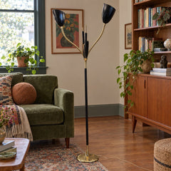 Black and brass vintage cattail double floor lamp with two slender metal stems. - detail view 1