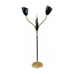 Black and brass vintage cattail double floor lamp with two slender metal stems.
