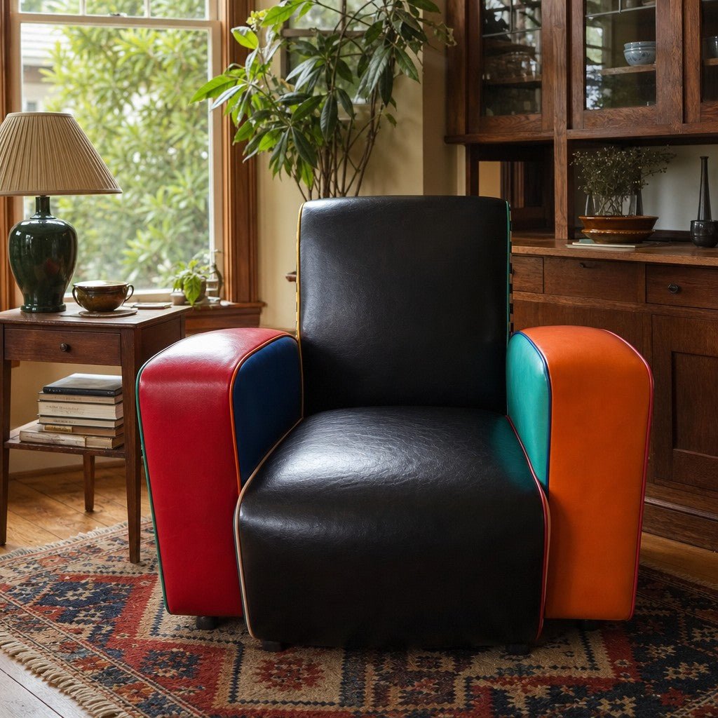 Multicolor black, red, orange, blue, and green 1980s sculptural armchair by Harry Segil - detail view 1
