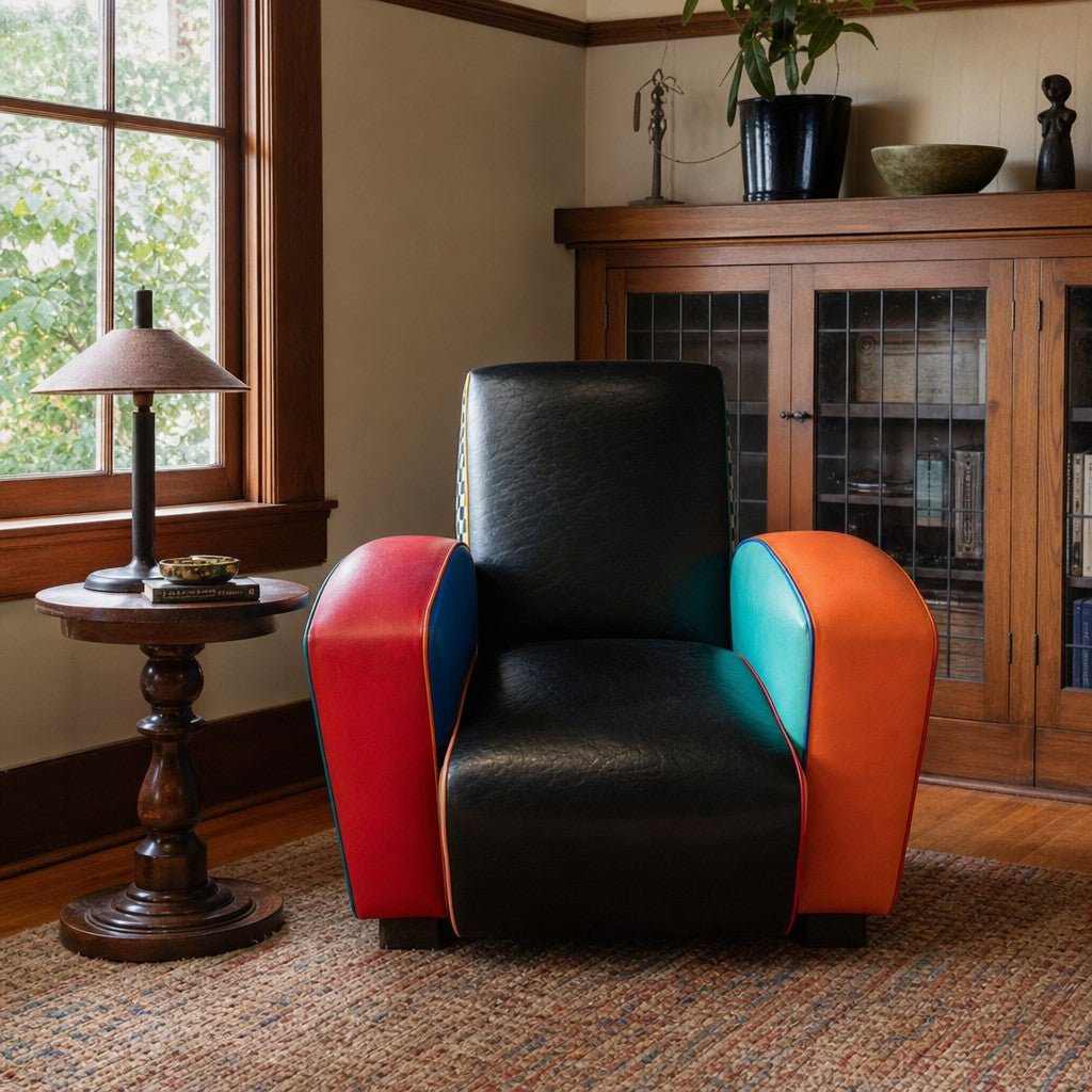 Multicolor black 80s Pop Art lounge chair by Henry Segil with sculptural frame - detail view 1