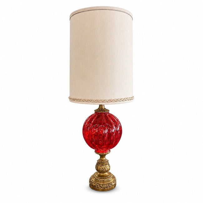 Red and gold glass table lamp with a tall sculptural base - Whats New Furniture Portland OR