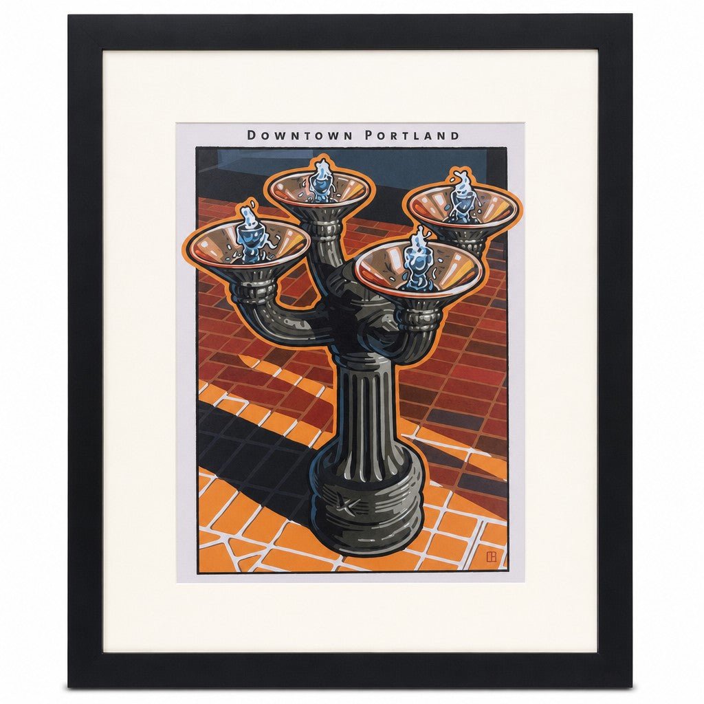 Multicolored Benson Bubbler print by Jeff Foster showing a four-bowl Portland drinking fountain