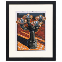 Multicolored Benson Bubbler print by Jeff Foster showing a four-bowl Portland drinking fountain