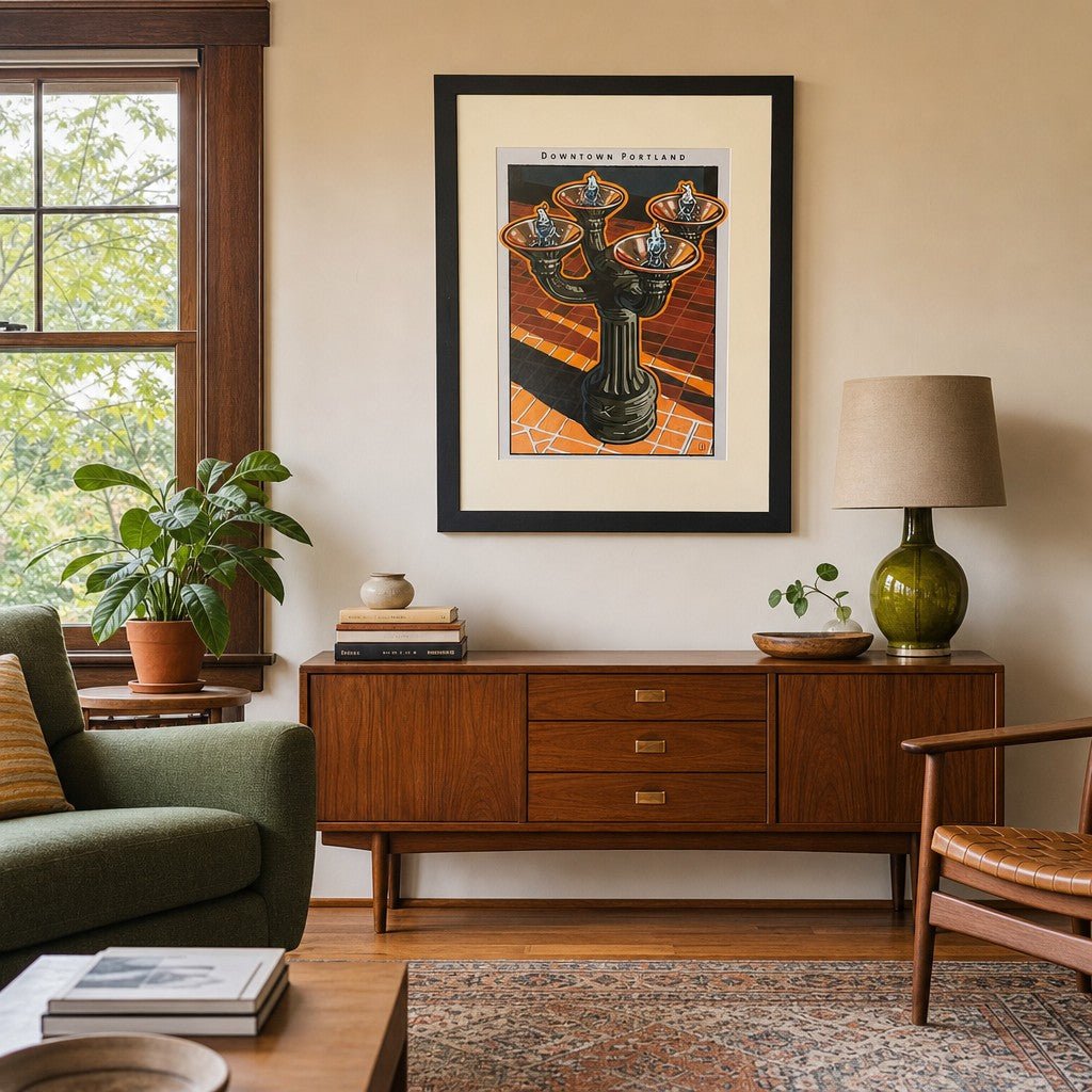 Multicolored Benson Bubbler print by Jeff Foster showing a four-bowl Portland drinking fountain - detail view 1
