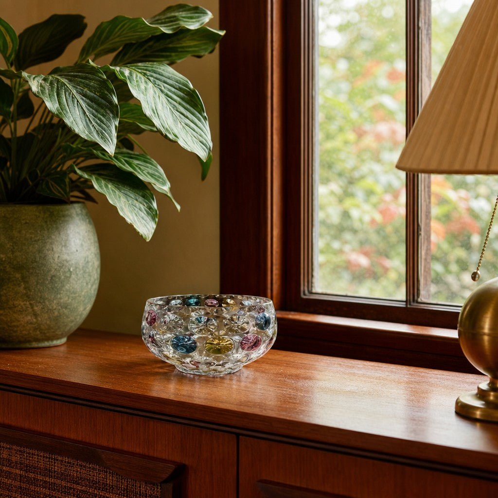 Multicolor clear glass decorative dish with polka dot detailing from the 1950s - detail view 1