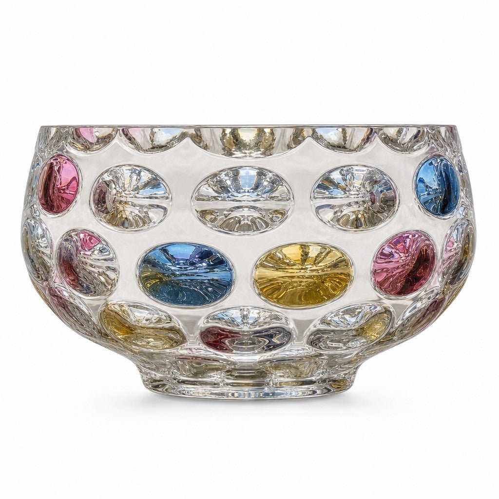 Multicolor clear glass decorative dish with polka dot detailing from the 1950s