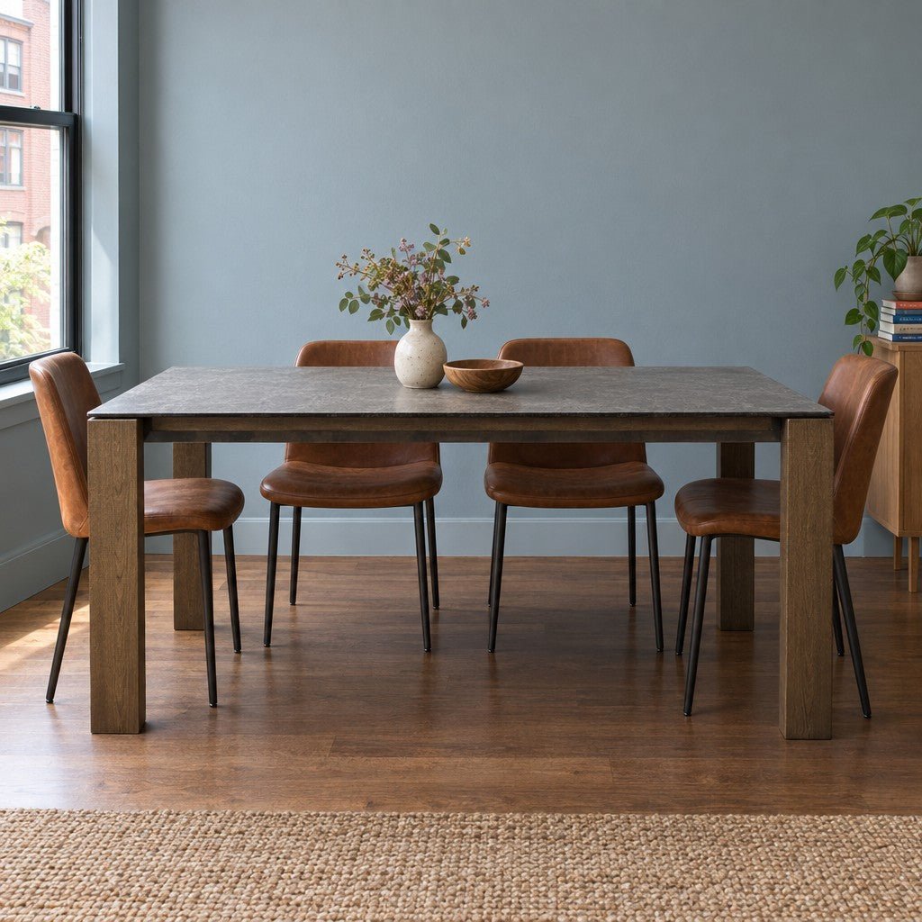 Slate Gray extendable dining table with a ceramic top and smoke wood legs. - detail view 1