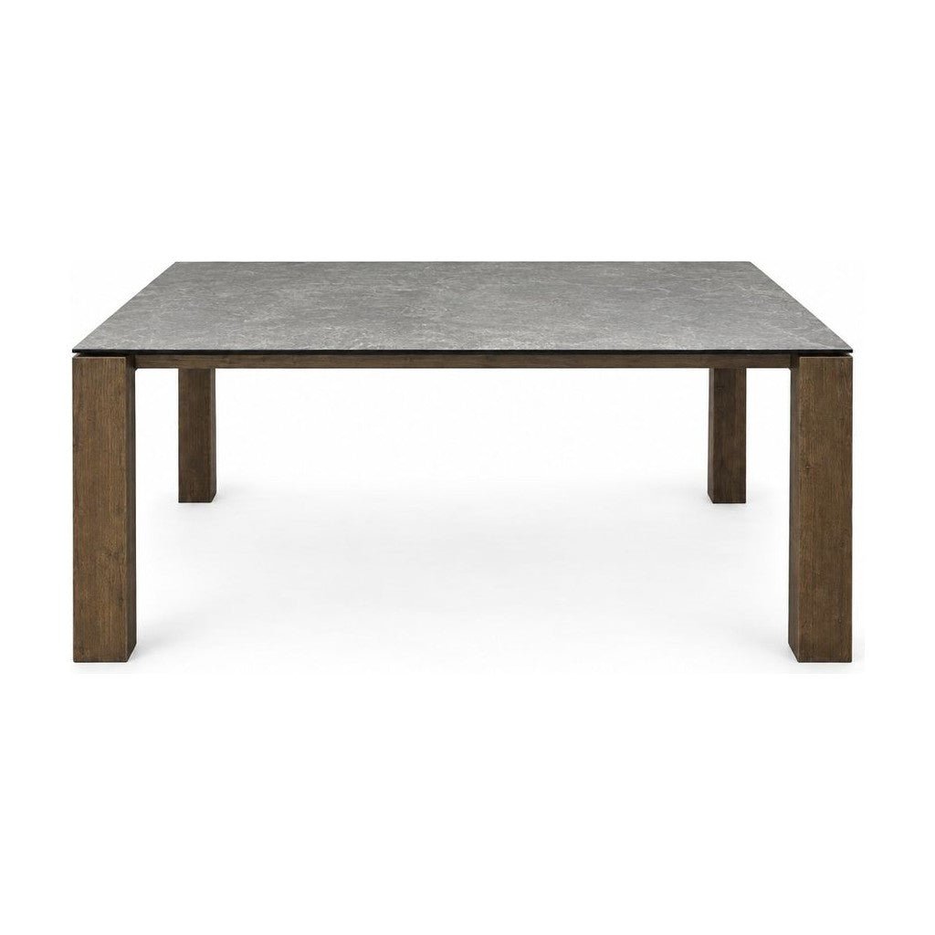 Slate Gray extendable dining table with a ceramic top and smoke wood legs.