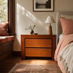 Pair of cherry mid-century nightstands with clean edges and low silhouettes - view 2