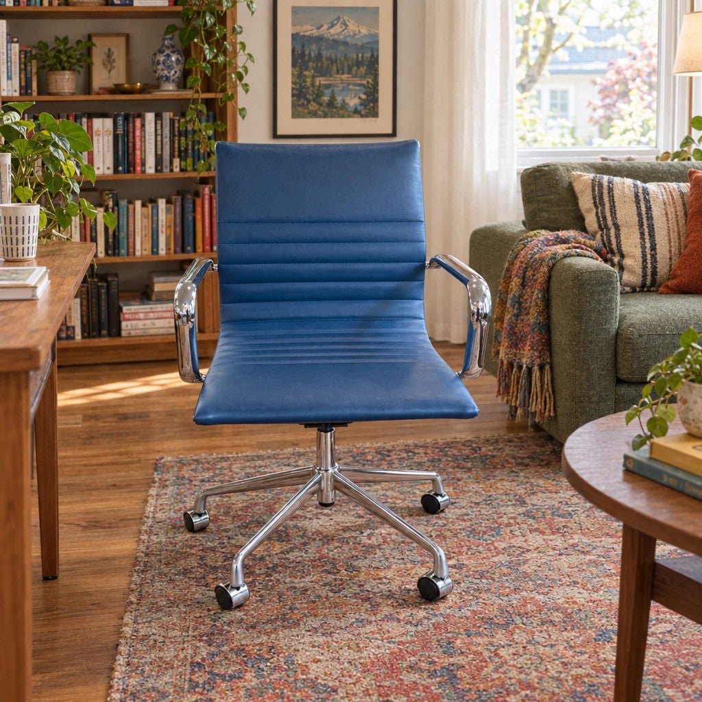 Blue adjustable office chair with a padded seat and metal base. - detail view 1