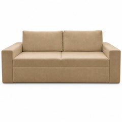 Off white sleeper sofa with clean low-slung lines and a hidden pullout bed
