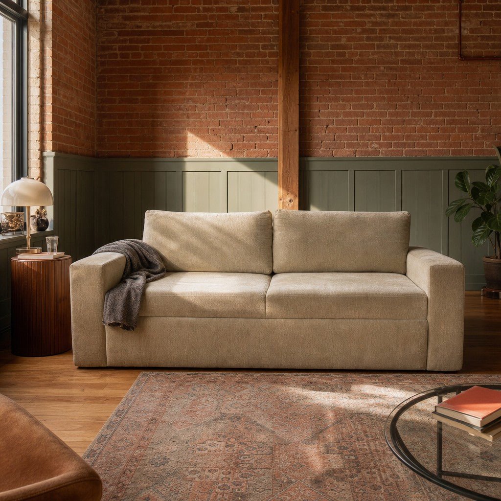 Off white sleeper sofa with clean low-slung lines and a hidden pullout bed - view 2