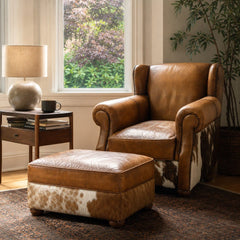 Cognac brown leather and cowhide armchair with matching ottoman - view 2