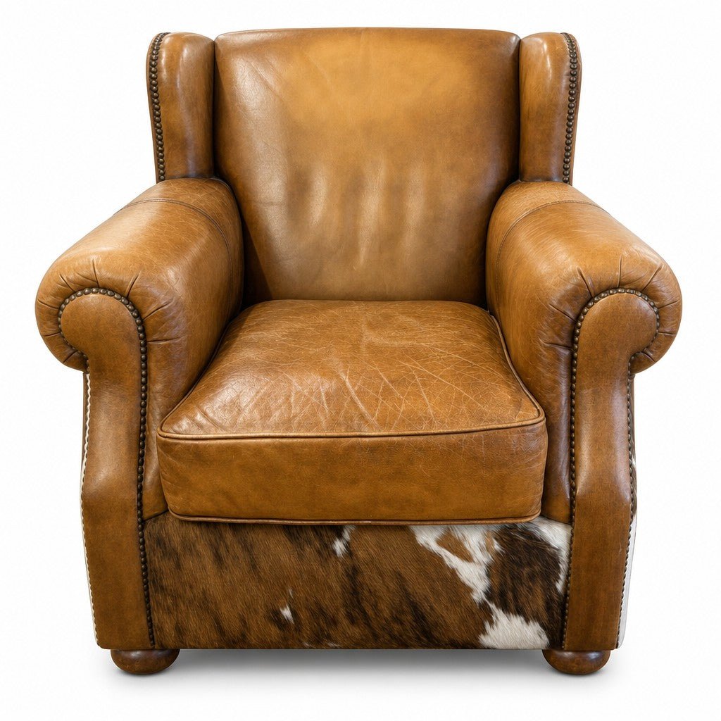 Cognac brown leather and cowhide armchair with matching ottoman