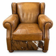 Cognac brown leather and cowhide armchair with matching ottoman