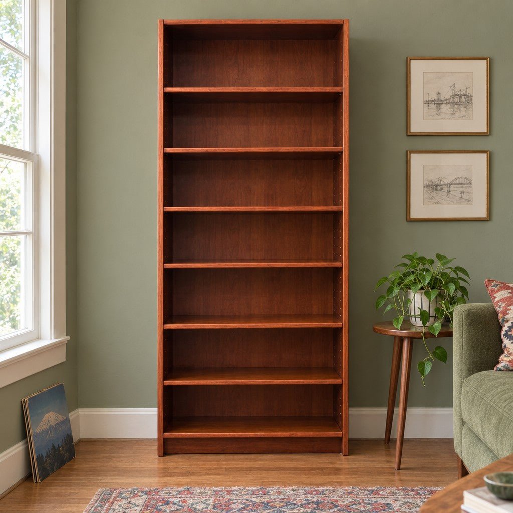 Cherry Danish bookshelf with a tall, narrow open-shelf profile - detail view 1