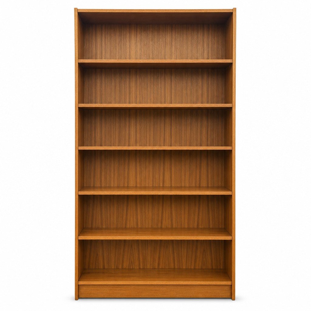 Teak Danish mid-century wide bookcase with tall open shelving and warm wood grain - Whats New Furniture Portland OR